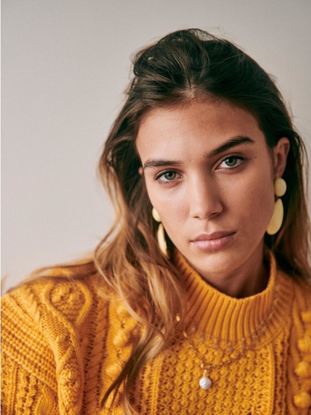 Sezane Amaury Cableknit Bobble Mustard Yellow High Neck Sweater Wool Blend - Picture 3 of 14